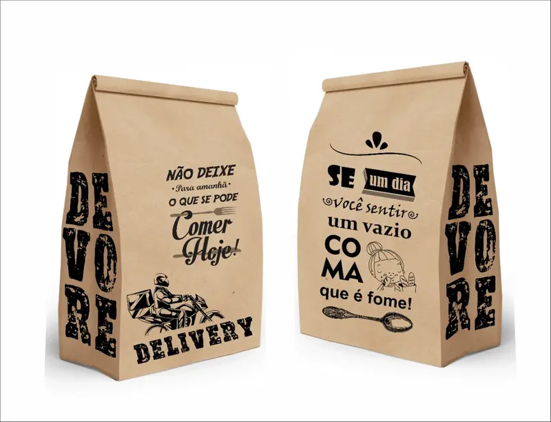 Dois sacos delivery de papel kraft com frases impressas